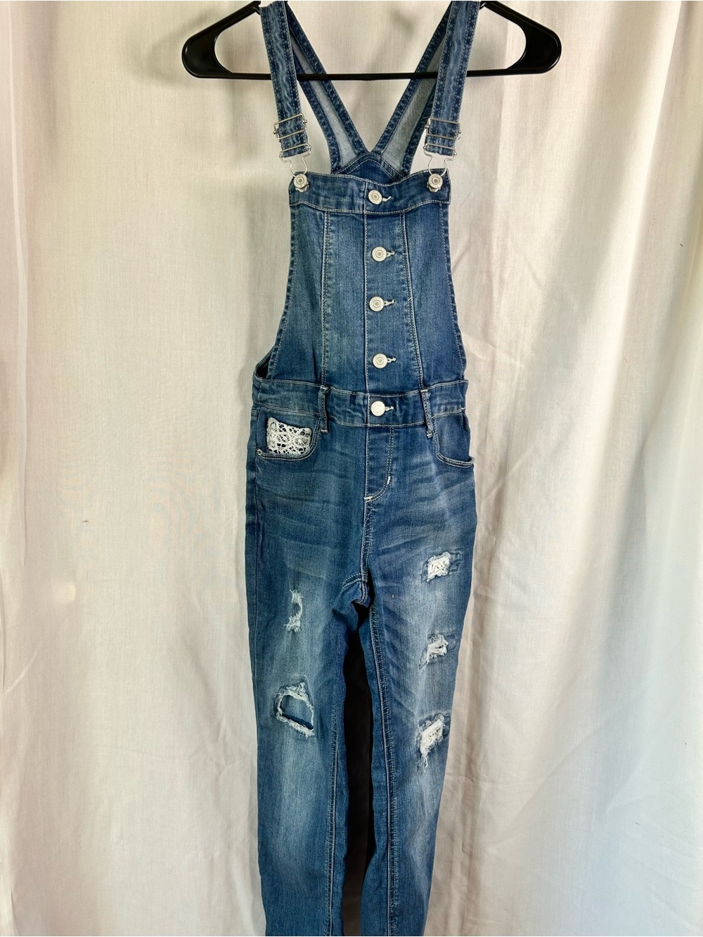 Men's Blue Distressed Denim Overalls with Button Bib